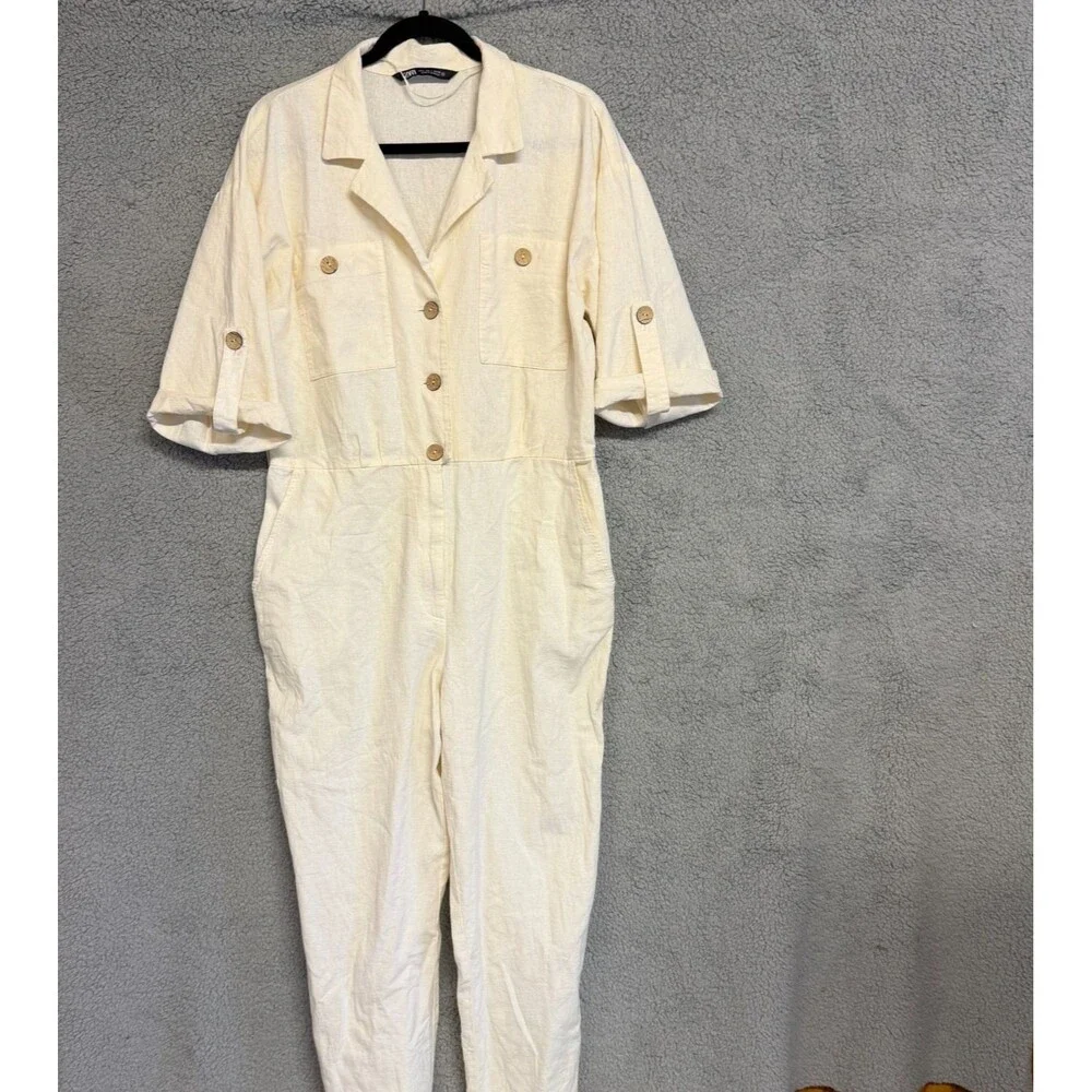 ZARA Linen Blend Jumpsuit Womens L White Roll Tab Sleeves Button Collar Resort